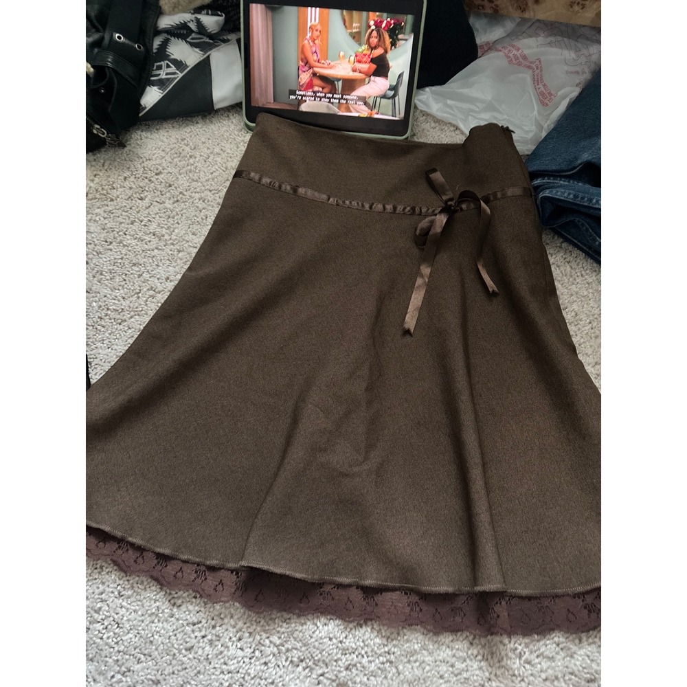Brown Lace Trim Midi Skirt Vintage A-Line Coquette Cottagecore Dark Academia M